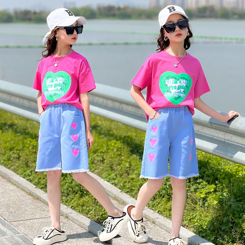 女童夏装套装新款儿童纯棉短袖小女孩韩版洋气牛仔中裤两件套