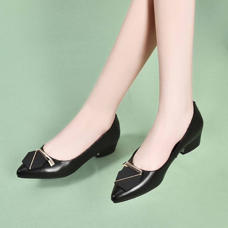 PLOVER authentic woodpecker single shoes women's spring and autumn new thick heel medium heel pointed toe soft leather all-match shallow mouth small leather shoes