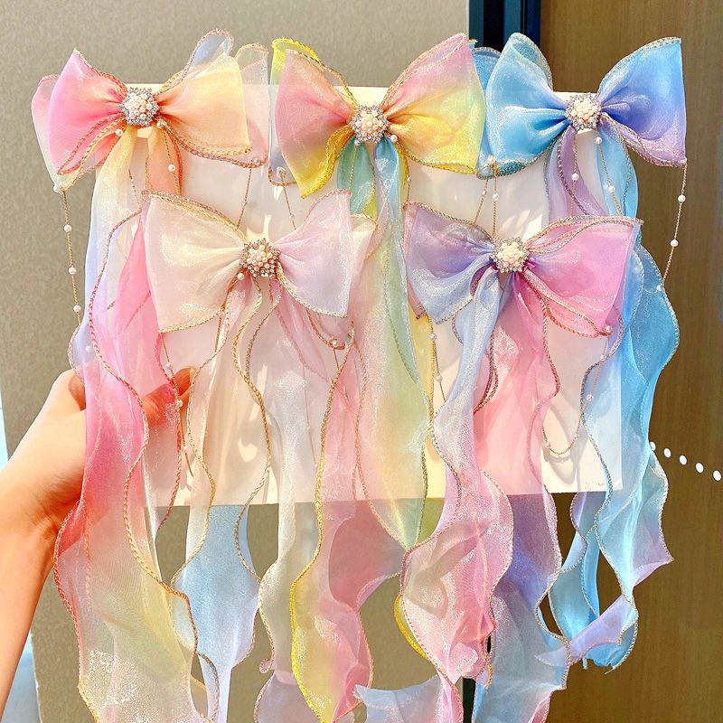 Children's streamer braided hair headdress mesh bow hairpin temperament princess fishtail hair accessories girl hairpin