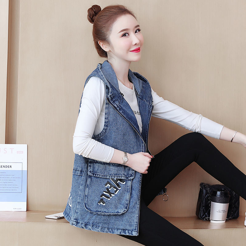 Spring and autumn large size loose fat mm hooded denim vest jacket women's mid-length fashion embroidery all-match casual vest