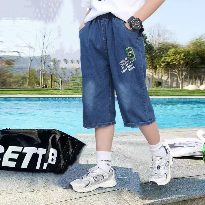 男童牛仔中褲夏季薄款女童中大童五分褲兒童短褲男大童七分褲半褲