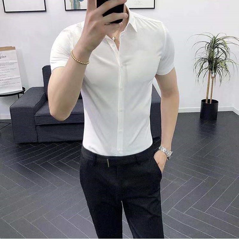 High sense elastic white shirt men's long sleeved ruffian handsome thin men's casual business bottoming slim fitting shirt men's versatile