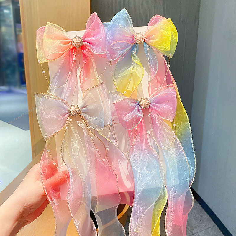 Children's streamer braided hair headdress mesh bow hairpin temperament princess fishtail hair accessories girl hairpin