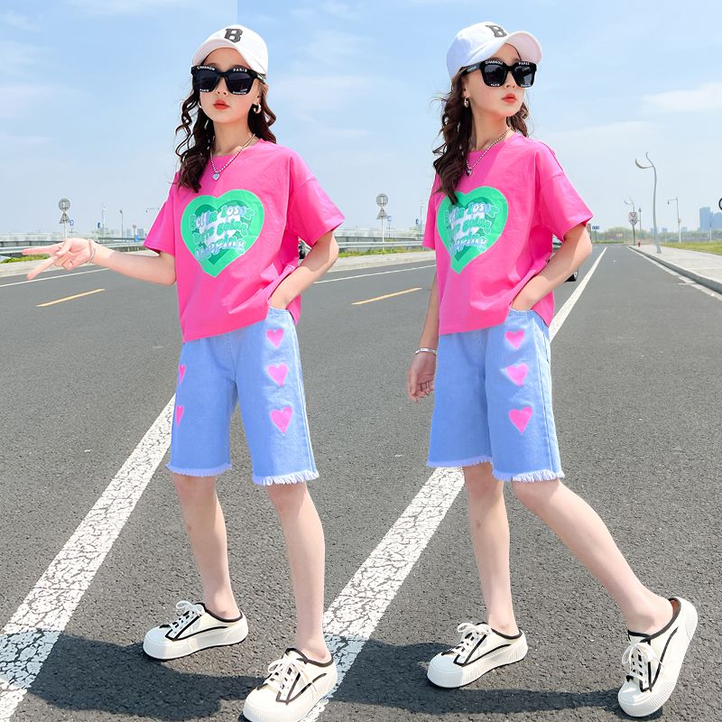 女童夏装套装2023新款儿童纯棉短袖小女孩韩版洋气牛仔中裤两件套