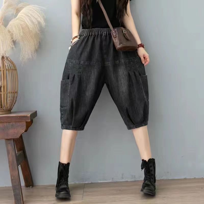  summer retro denim harem pants women's five-point pants loose and thin all-match mid-pants washed and distressed shorts