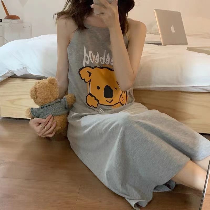 Japanese suspender sleeveless nightgown for women summer pure cotton casual cute cartoon Korean style student over-the-knee home wear pajamas