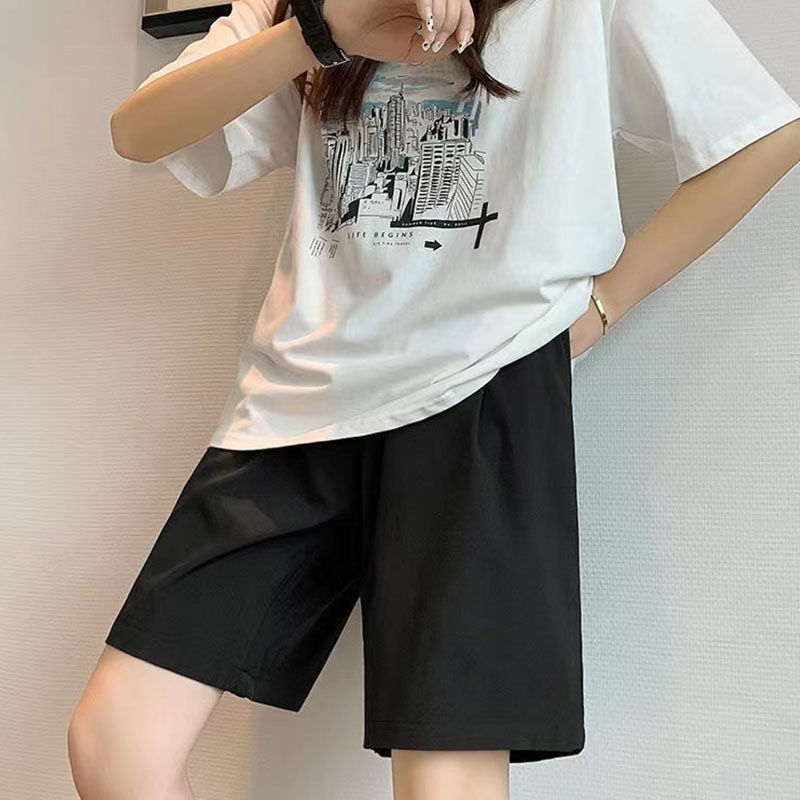 Black straight shorts children's Korean version five point leisure sports loose and versatile wearing high Waist Wide Leg Pants summer