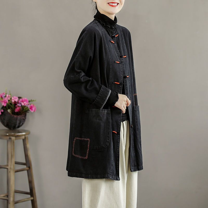 Mid-length ethnic national style buckle denim jacket female autumn new retro literary loose shirt jacket jacket female