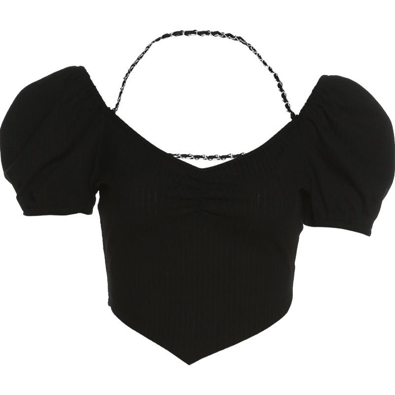 Pure desire, careful attention, hot girl style halter neck short-sleeved T-shirt design, irregular backless chain short top for women