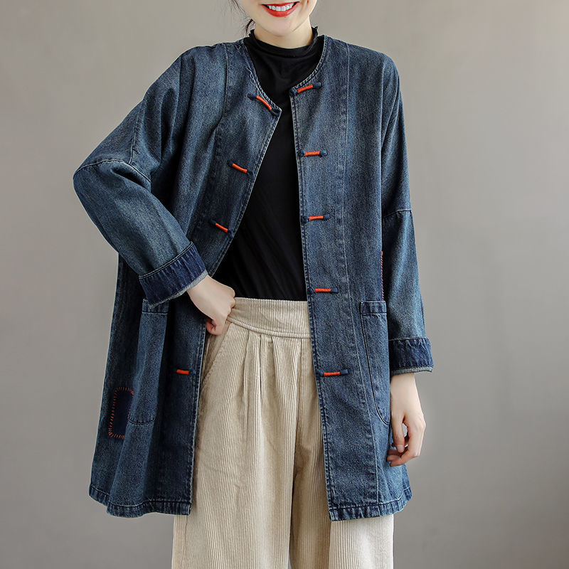Mid-length ethnic national style buckle denim jacket female autumn new retro literary loose shirt jacket jacket female