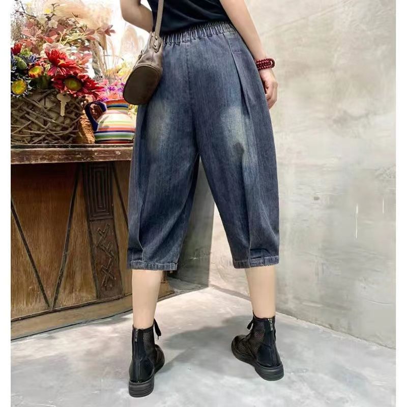  summer retro denim harem pants women's five-point pants loose and thin all-match mid-pants washed and distressed shorts