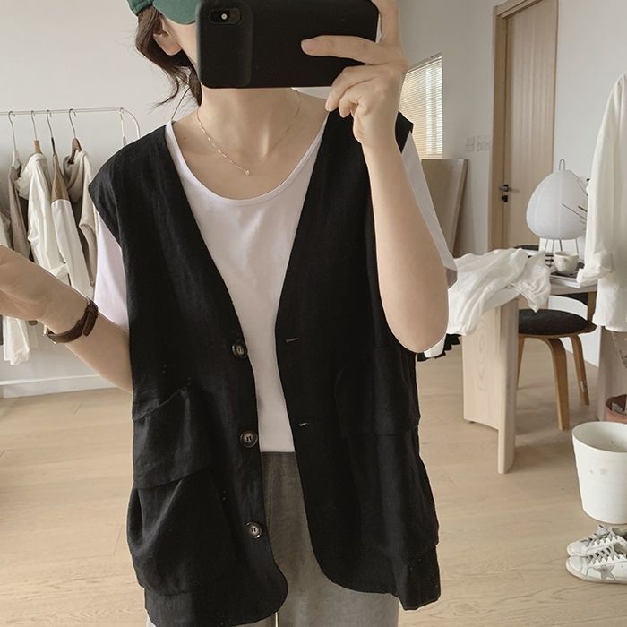 Large pocket cotton waistcoat women's summer new loose and thin retro v-neck literature and art solid color all-match models