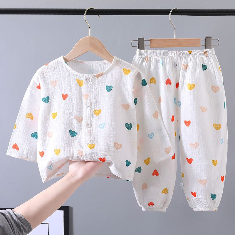 Children's summer clothes home two-piece suit pure cotton sweat-absorbing thin section male and female baby long-sleeved air-conditioning clothing pajamas spring and autumn