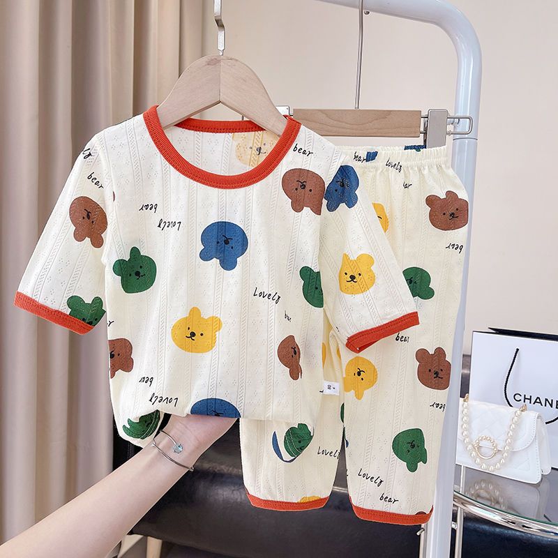 Children's pajamas summer thin section mid-sleeve round neck air-conditioning clothes men and women baby home clothes pure cotton suit girls children's clothing