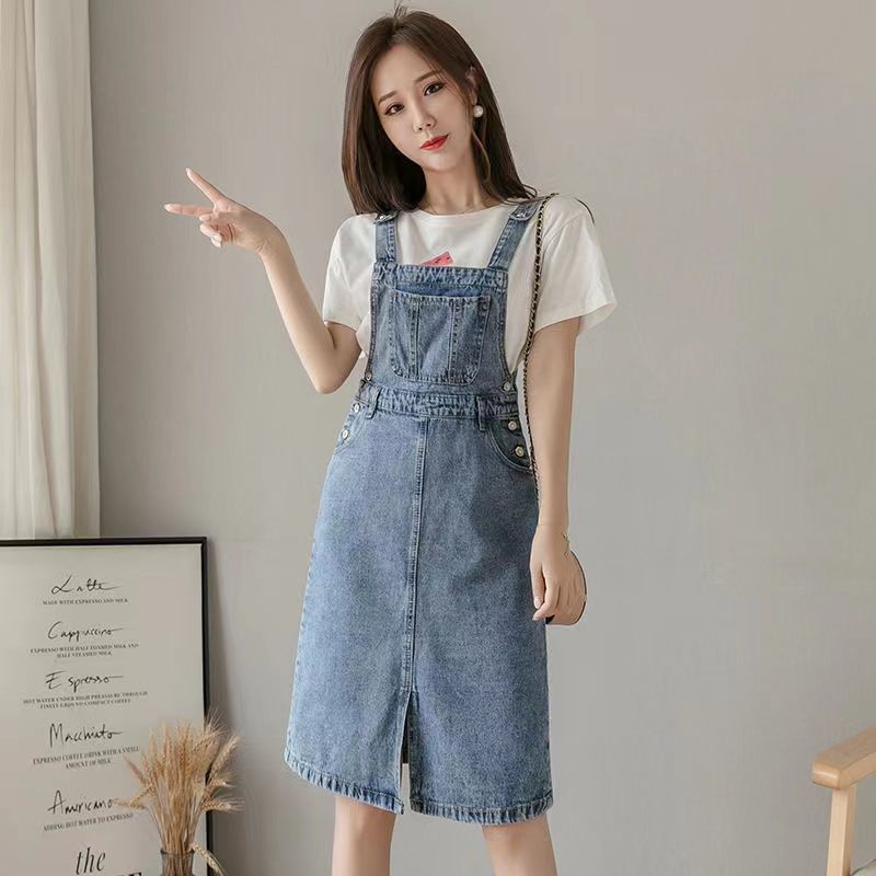 Pear shaped slightly fat 2022 denim strap skirt women's fat mm pure desire to look thin age reducing small fragrance covered belly dress