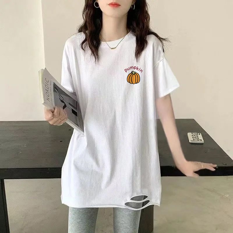 韩国白色纯棉破洞t恤女2023夏季新款短袖打底衫中长款宽松ins上衣