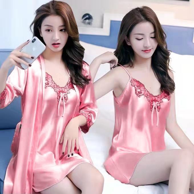 Sexy pajamas women's spring and summer silk ice silk lace suspender nightdress nightgown two-piece set short-sleeved thin section home service