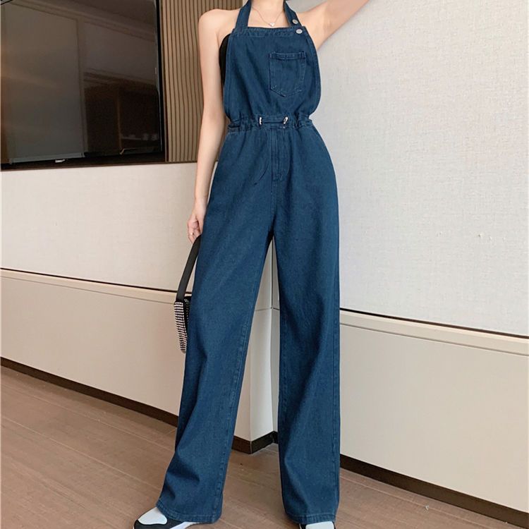 Denim suspenders women's summer new fashion design feeling hanging neck and waist tight loose straight tube wide leg floor one-piece pants