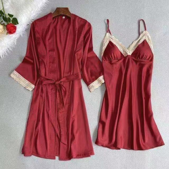 Nightdress sexy pajamas women spring and autumn ice silk short sleeve lace seduction sling Nightgown two piece suit home clothes