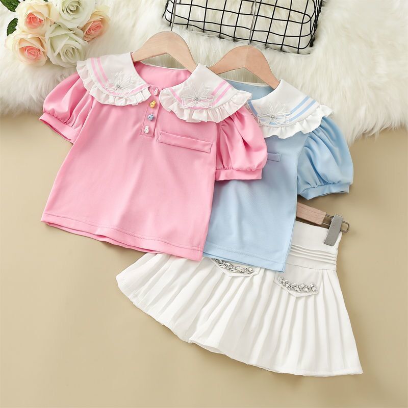 Girls' suit summer 2022 new Korean style foreign style children's two-piece suit girl short-sleeved lapel shirt skirt pants