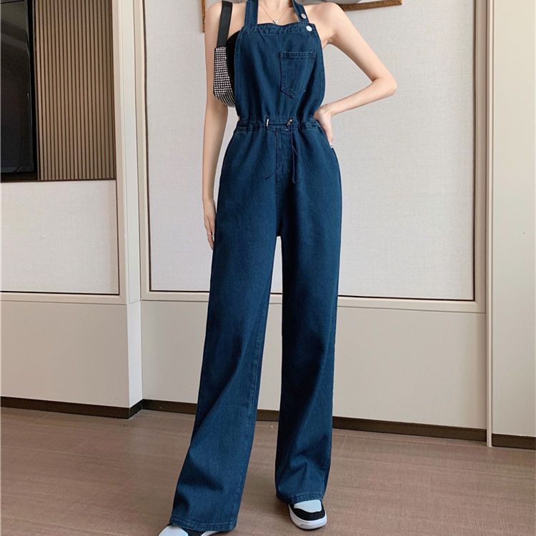 Denim suspenders women's summer new fashion design feeling hanging neck and waist tight loose straight tube wide leg floor one-piece pants