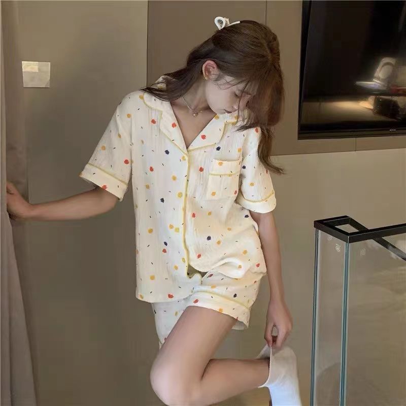 Japanese ins wind pajamas female summer sweet cardigan short-sleeved shorts thin section students can wear home service suits