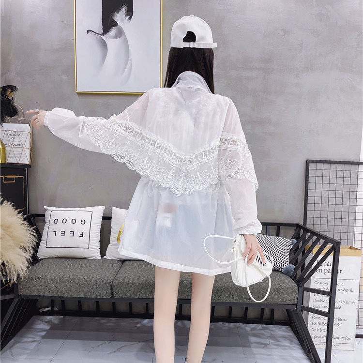 2022 spring and summer new splicing lace medium length sunscreen clothes net red super fairy Hoodie loose waist sunscreen coat
