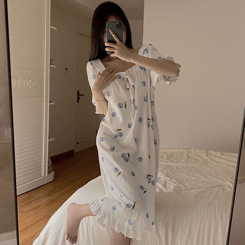 Nightdress summer women's pure cotton gauze short-sleeved loose 2023 new summer pajamas dress long section outer wear home service spring