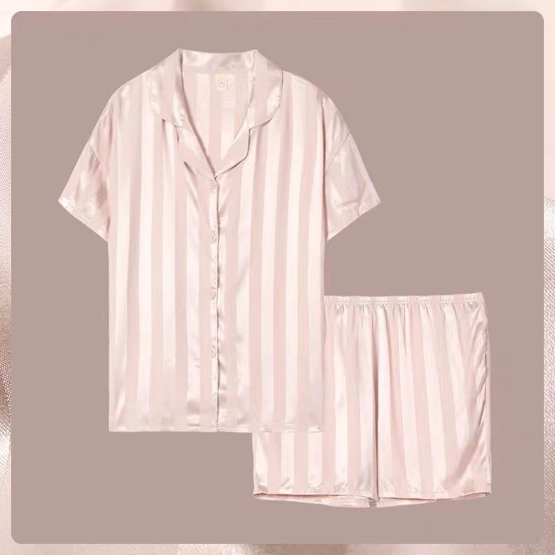 Pink pajamas women's  new summer ice silk short-sleeved houndstooth high-quality summer thin home service suit