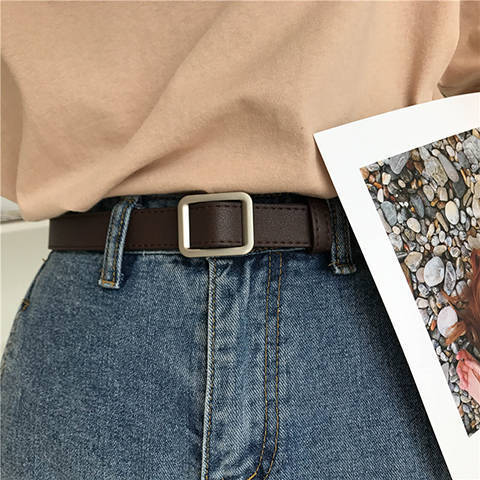 Small belt without hole square buckle ladies Korean version of the young man's narrow belt Hong Kong style all-match simple decorative retro belt