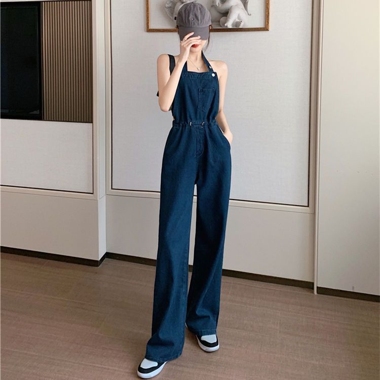 Denim suspenders women's summer new fashion design feeling hanging neck and waist tight loose straight tube wide leg floor one-piece pants