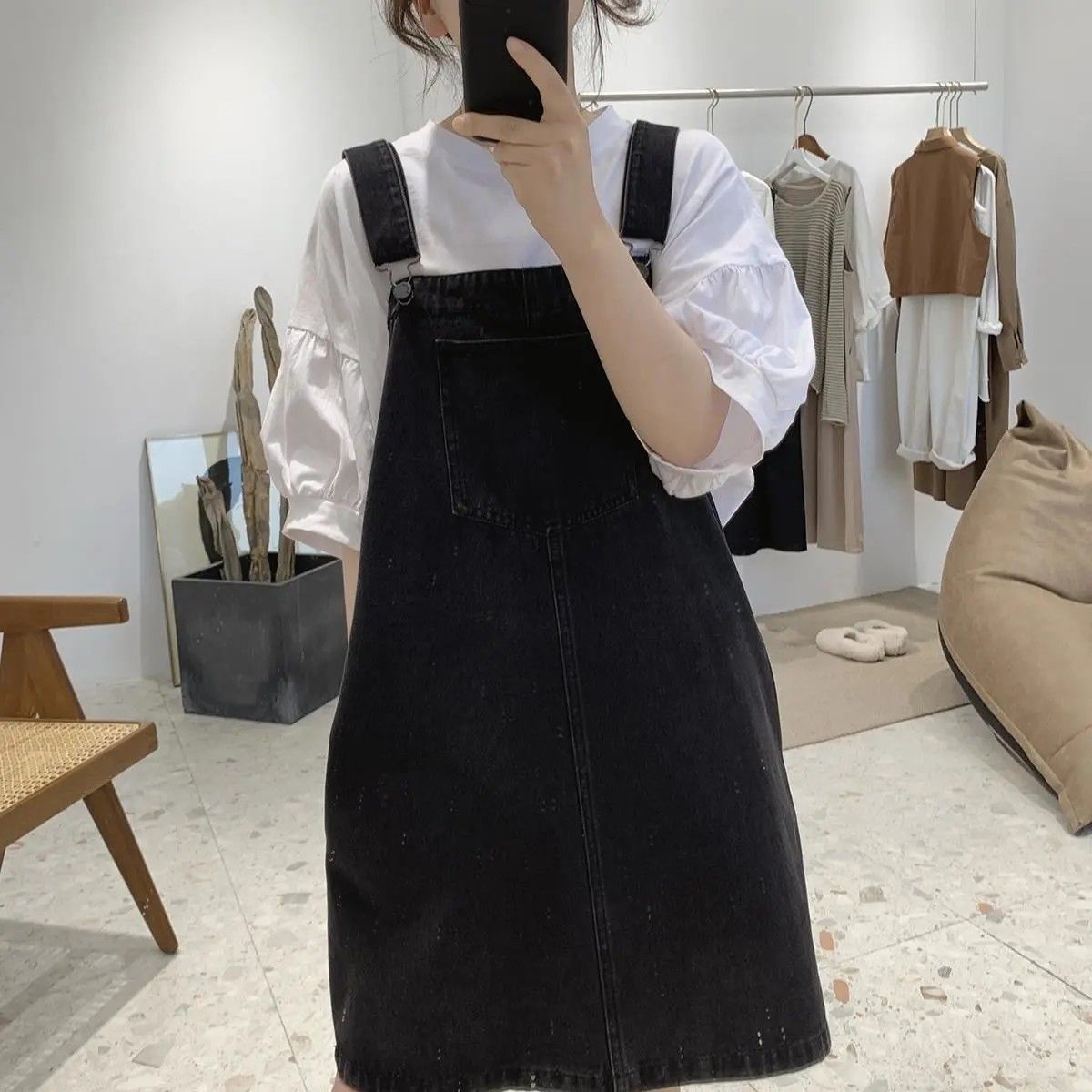 Large size denim suspender skirt summer thin section small fat dress cover belly loose and thin cute skirt