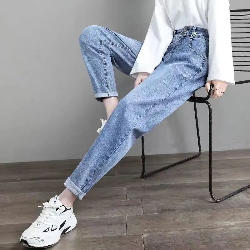 春秋彈力牛仔褲女2023新款高腰寬鬆顯瘦小個子蘿蔔老爹哈倫九分褲