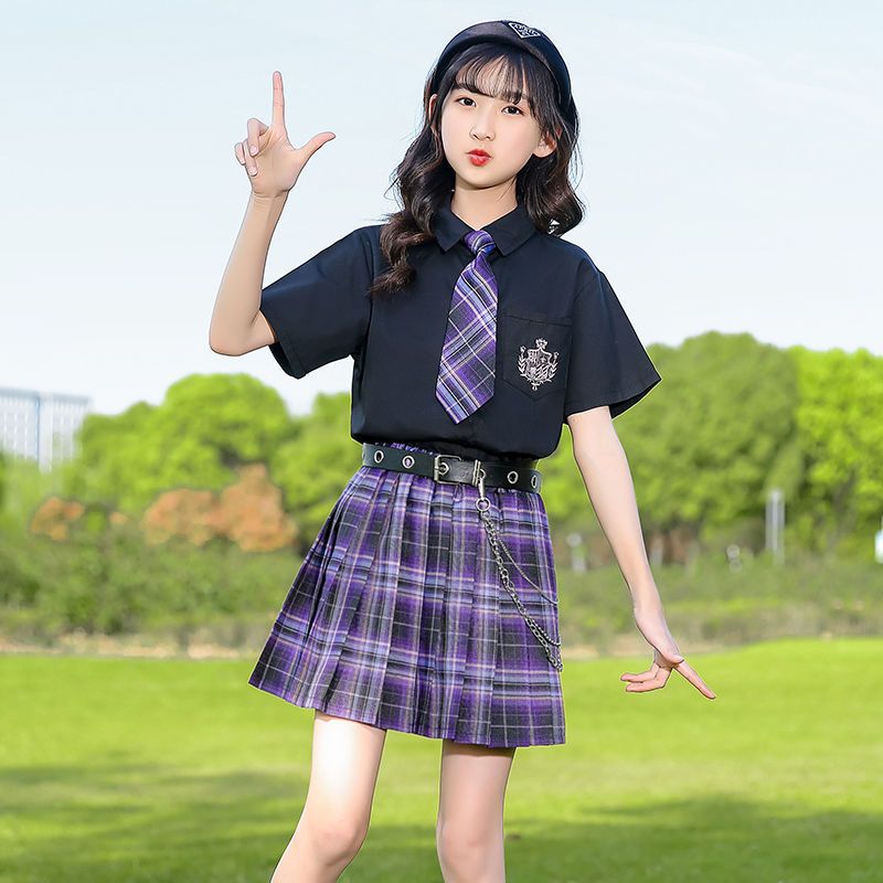 女童套裝夏裝2023新款兒童裝洋氣學院風兩件套女孩夏季jk制服套裙