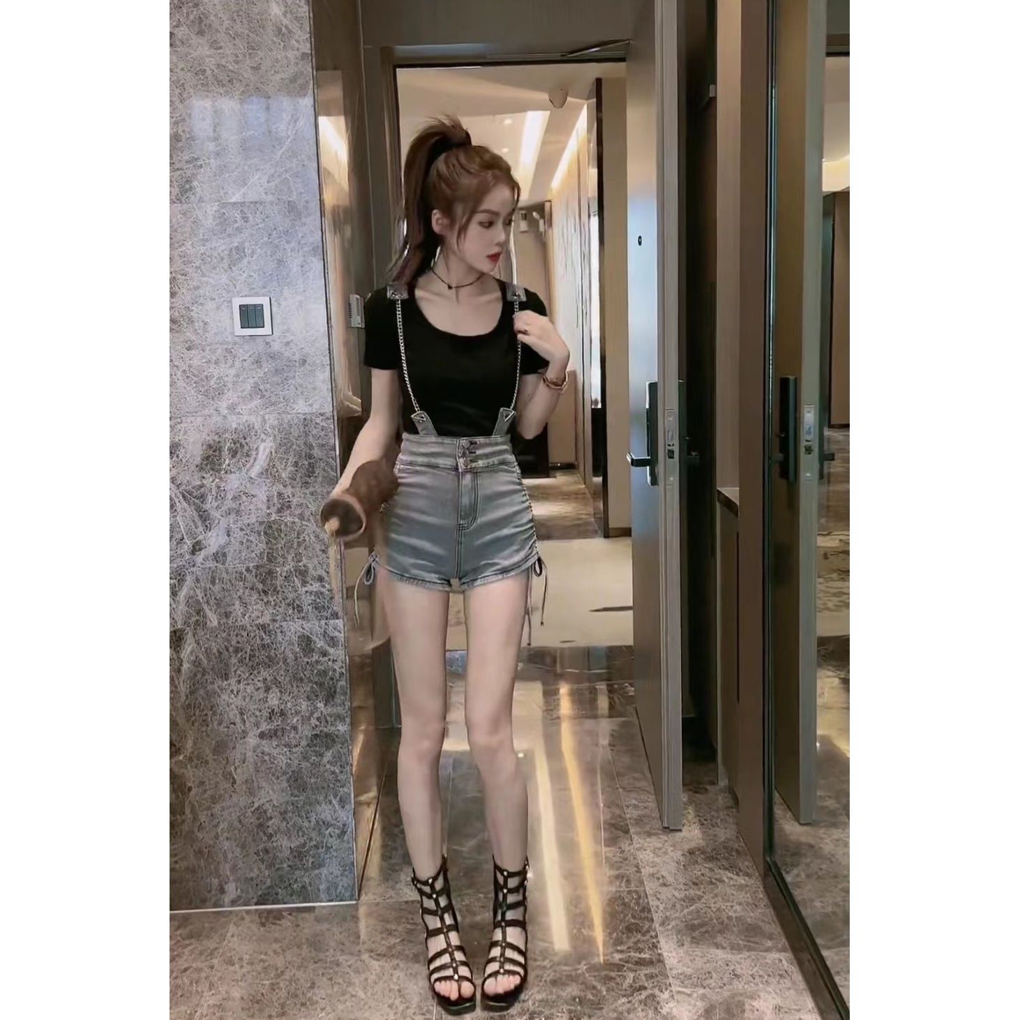 Detachable design straps denim shorts women's  summer new fashion high waist drawstring elastic wide leg pants