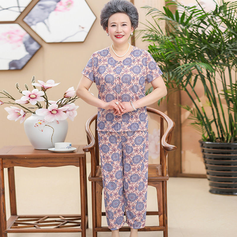 Grandma summer short-sleeved elastic two-piece suit middle-aged and elderly women's clothing mother elderly summer clothes casual women's suit