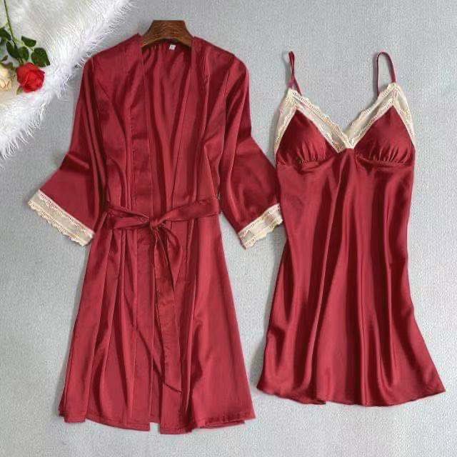 Sexy pajamas women's spring and summer silk ice silk lace suspender nightdress nightgown two-piece set short-sleeved thin section home service