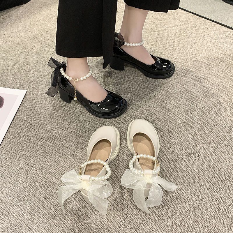 玛丽珍小皮鞋女2022年春夏新款珍珠法式粗跟高跟鞋仙女风浅口单鞋