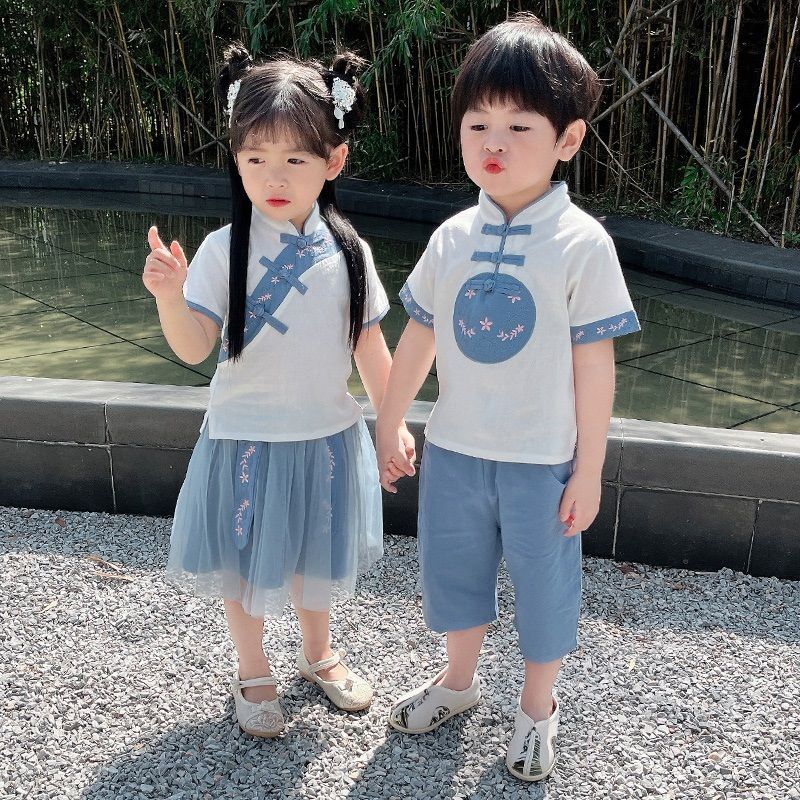 男童漢服夏季薄款中國風夏裝春秋兒童古裝唐裝男寶寶套裝周歲禮服