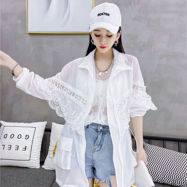 2022 spring and summer new splicing lace medium length sunscreen clothes net red super fairy Hoodie loose waist sunscreen coat