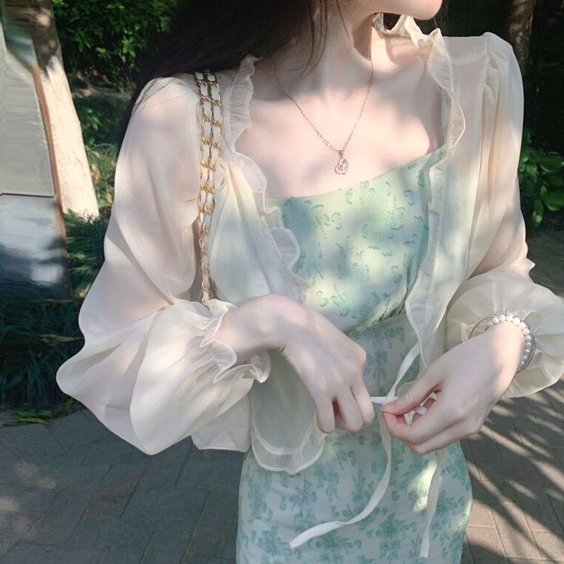 雪紡開衫防曬衣夏季超仙女木耳邊系帶防曬罩衫洋氣披肩外套空調衫
