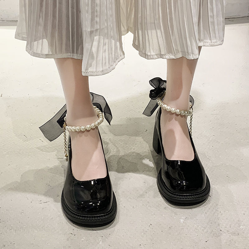 玛丽珍小皮鞋女2022年春夏新款珍珠法式粗跟高跟鞋仙女风浅口单鞋