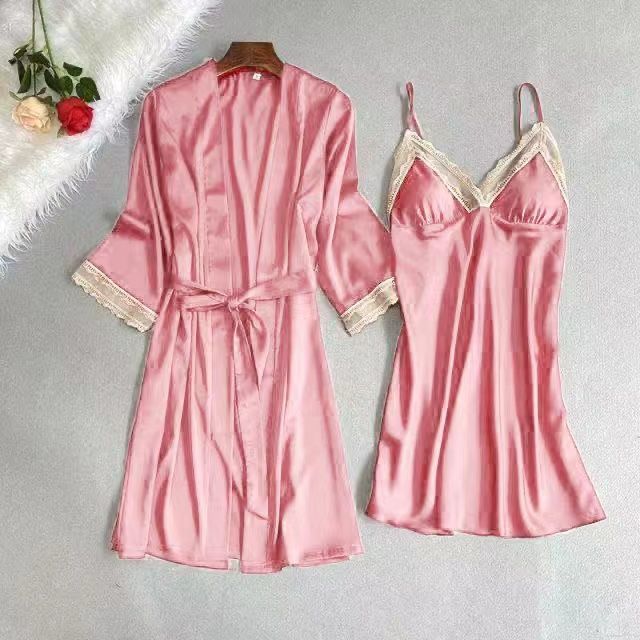 Nightdress sexy pajamas women spring and autumn ice silk short sleeve lace seduction sling Nightgown two piece suit home clothes