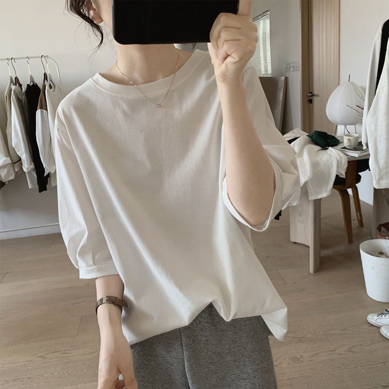 Cotton short-sleeved t-shirt women's summer new loose and thin round neck simple lantern sleeve small fresh half-sleeved top