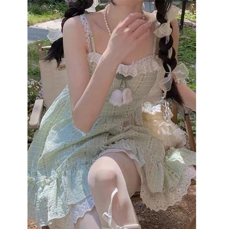 日系套装女2023夏季新款小清新防晒开衫花边格子吊带裙短裙两件套
