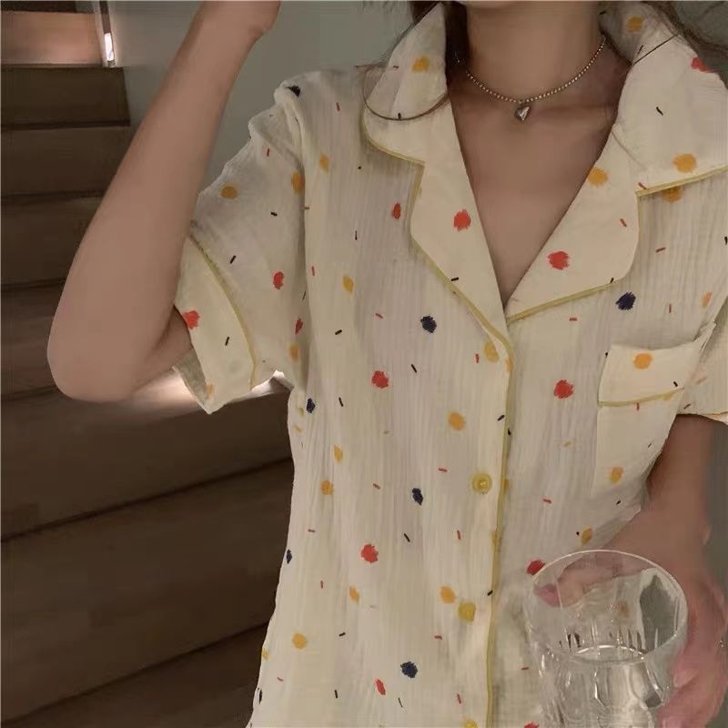 Japanese ins wind pajamas female summer sweet cardigan short-sleeved shorts thin section students can wear home service suits