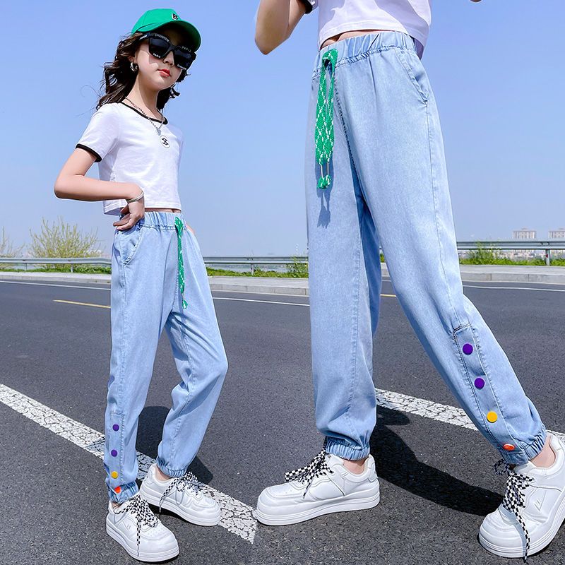 女童褲子夏季薄款大童天絲牛仔褲夏天寬鬆洋氣夏裝兒童冰絲防蚊褲