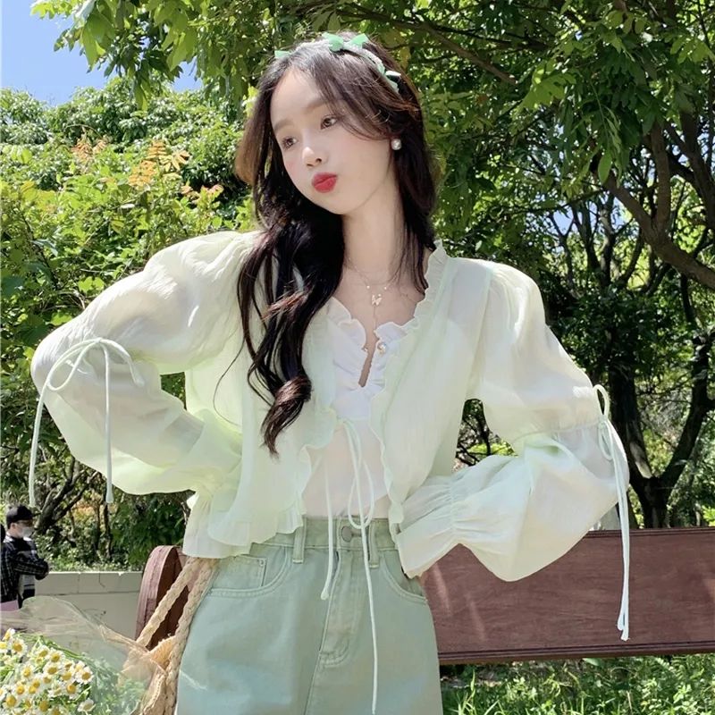 Sweet short shirt women's summer  new gentle wind pure desire design sense tie long-sleeved sunscreen shirt top