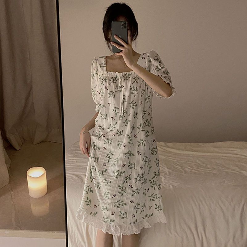 Nightdress summer women's pure cotton gauze short-sleeved loose 2023 new summer pajamas dress long section outer wear home service spring