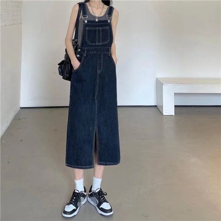 大碼開叉牛仔背帶裙女春夏顯瘦寬鬆高腰a字減齡胖mm中長款連衣裙
